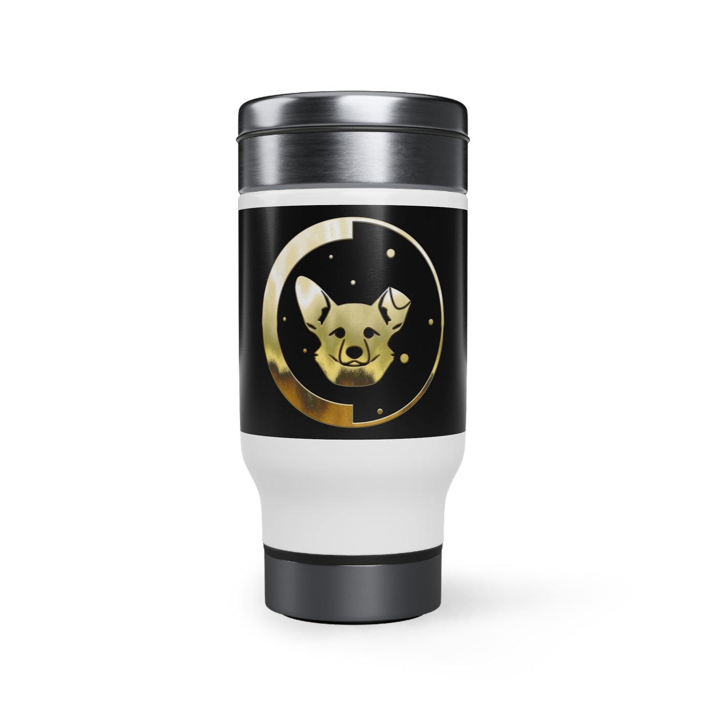 Dogarmpits Stainless Steel Travel Mug with Handle, 14oz - Gold - Ear-down